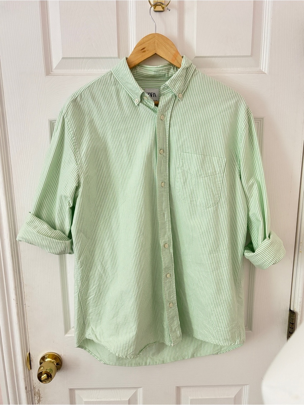 Zara Green Striped Button Down Shirt Men’s Medium Relaxed Fit Cotton